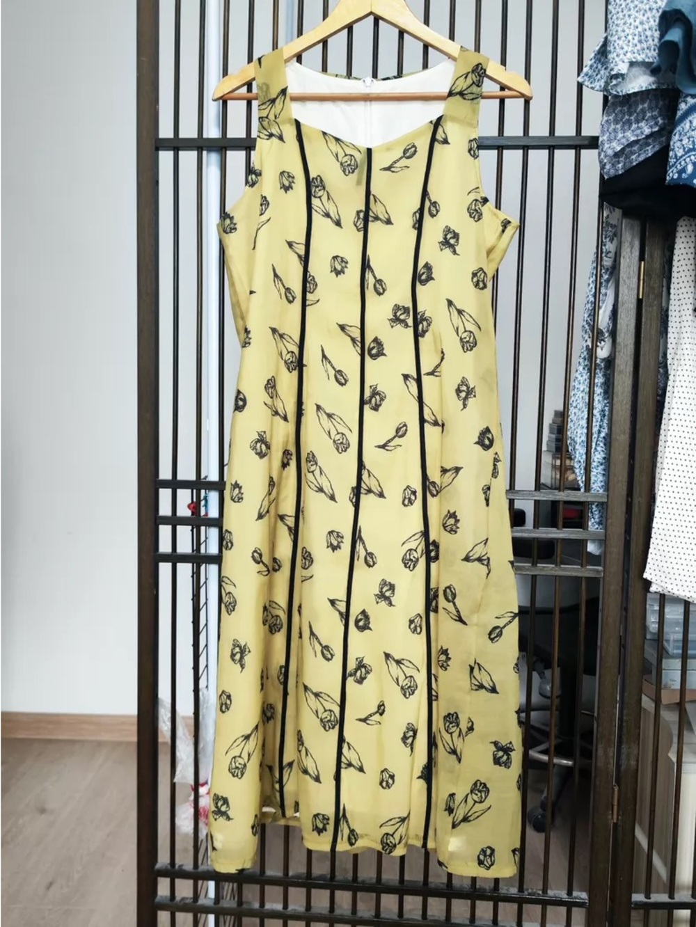 Yellow Floral Sleeveless A-Line Dress with Black Piping